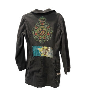 Luxirie Embroidered Black Cotton Military Jacket Size Medium Unisex Casual